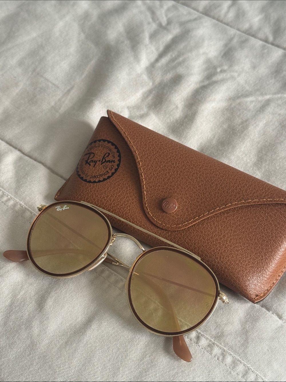 Ray-Ban Gold Frame with Brown Trim Round Sunglasses
